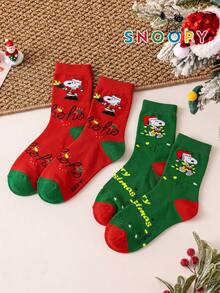 1/2 Pairs Snoopy Socks Men's Autumn/Winter Red & Green Christmas Mid-Calf Sports Socks, Cute Cartoon Pattern Unique Snoopy Halloween Socks - Multicolor - View 1
