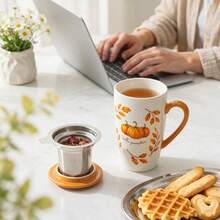 1pc 490ml/16.5oz Cottagecore Autumu Ceramic Tea Cup With Infuser And Lid, Hello Pumpkin Large Capacity Porcelain Coffee Cup Infuser Mug For Loose Leaf Tea Coffee Cocoa, Fall Home Kitchen Decor Drinkware, Gift For Halloween Thanksgiving Harvest - Multicolor - View 1