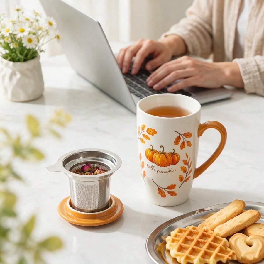 1pc 490ml/16.5oz Cottagecore Autumu Ceramic Tea Cup With Infuser And Lid, Hello Pumpkin Large Capacity Porcelain Coffee Cup Infuser Mug For Loose Leaf Tea Coffee Cocoa, Fall Home Kitchen Decor Drinkware, Gift For Halloween Thanksgiving Harvest - Multicolor - View 1