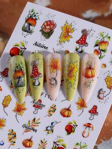 2pcs 3D Self-Adhesive Autumn Maple Leaf & Mushroom Nail Art Stickers, Maple Leaf Pumpkin Apple Floral Cute Nail Design, Thanksgiving Seasonal Nail Decoration, Autumn DIY Nail Supplies - Multicolor - View 4