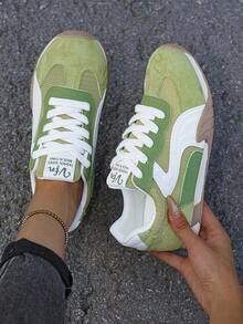 Flipark Retro Patchwork Mesh Suede Sneakers For Women, Breathable Lace Up Low Top Casual Walking Trainers - Green - View 5