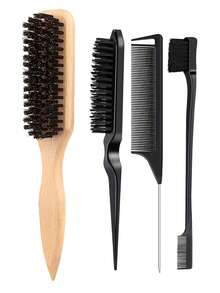5pcs Wooden Hairbrush And Rat Tail Comb Set – Made Of Soft Bristles, ABS And Natural Wood – Smooths Hair, Detangles – Perfect For Daily Care, Salon Styling, Back To School And Travel - Multicolor - View 33