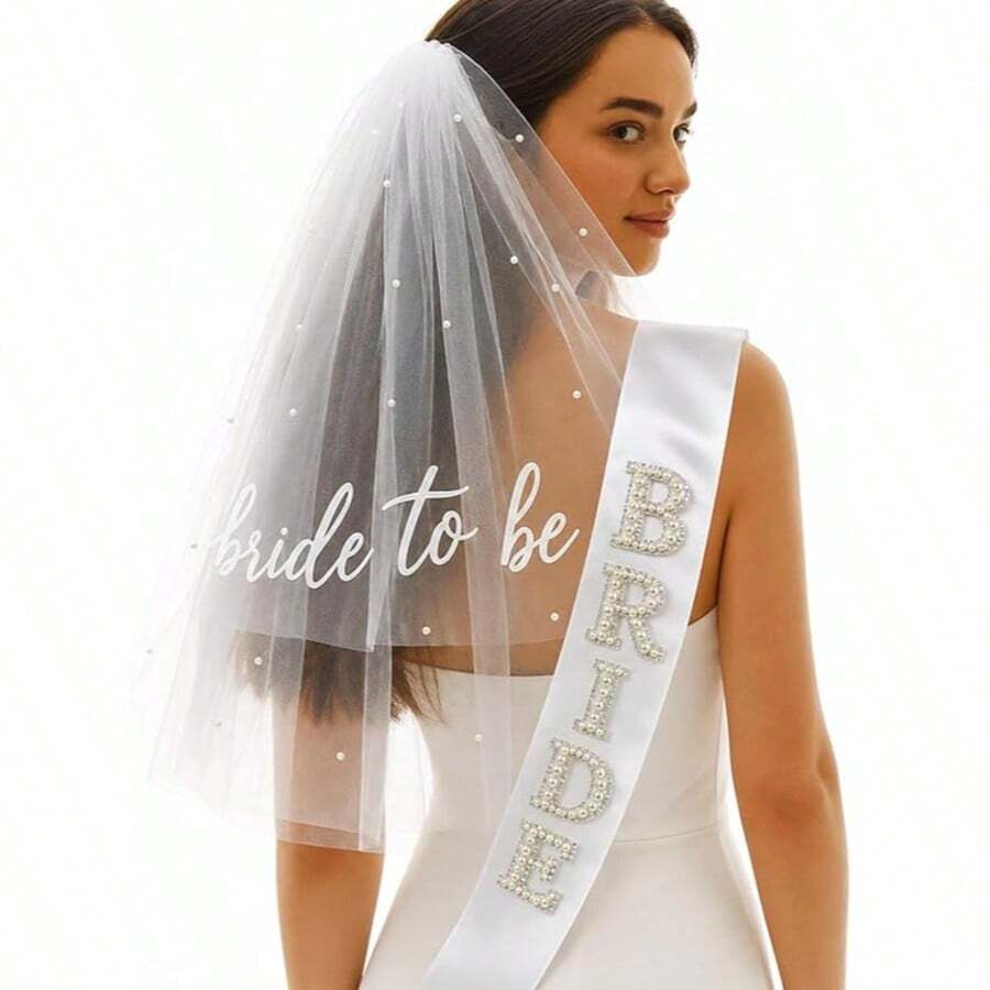 Bride-To-Be Shoulder Strap Veil, Bachelorette Party Accessory, Bridal Shower Decoration, Engagement Bride Gift - White - View 1