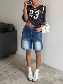 Women's Casual Straight Leg Denim Shorts, Bermuda Style, With Pockets And Button Details, Slight Stretch, Suitable For Daily Wear - Dark Wash - View 2
