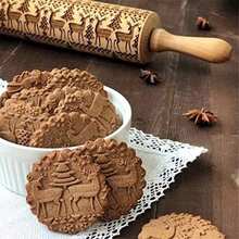 Embossed Wooden Rolling Pin Baking, Deep Engraved Embossing Rolling Pin With Elk Design Baking Embossed Cookies, Cute Kitchen Decor And Adults - Multicolor - View 5
