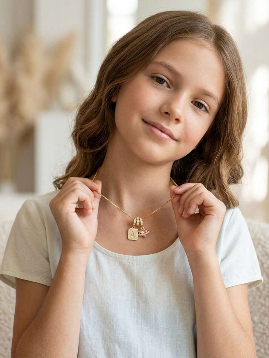 1pc Gold Tone Initial A Pink Heart Planet Pendant Necklace For Girls Sparkly Rhinestone Holiday Party Vacation Daily Wear Celebration Jewelry Gift - Gold - View 1