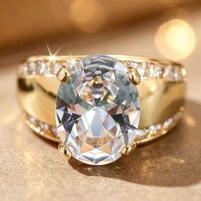 1pc Large Oval White Synthetic Zirconia Cocktail Party Ring For Women Golden Plated Bridal Wedding Jewelry Engagement Gift