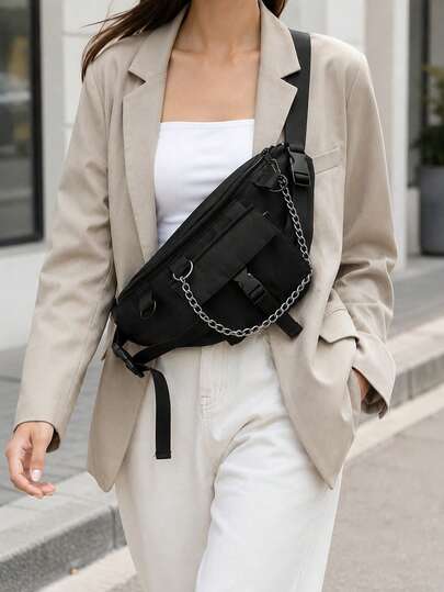 Bolso bandolera negro para el pecho, mochila táctica cruzada con bolsillo delantero, bolso de cintura ajustable para hombres para uso diario, riñonera