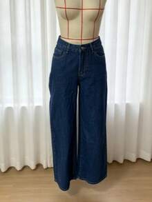 優雅時尚休閒度假牛仔褲女款，寬鬆版型，附口袋 - 深色水洗藍 - 查看 1