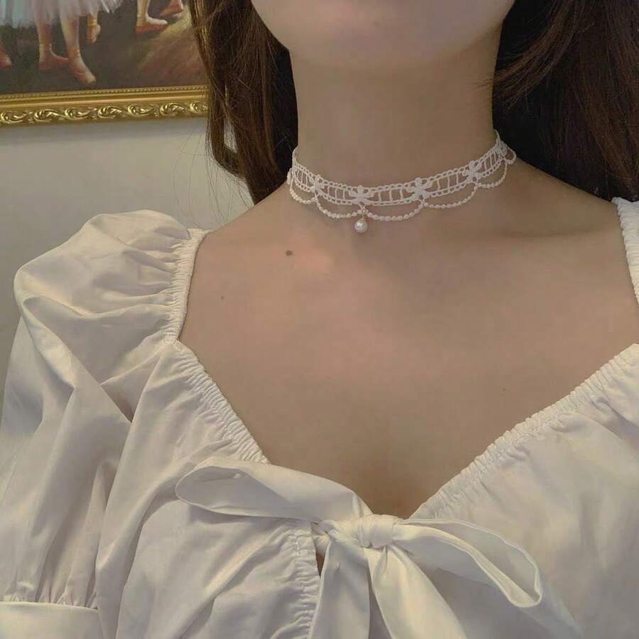 1件裝奢華優雅時尚蕾絲白色蝴蝶仿珍珠頸鍊項鍊,適合女性,適用於婚禮、日常穿著與度假 - 白色 - 查看 1