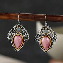 DIYCCPC Elegant Fashion Pattern Engraved Pink & Blue Bead Water Drop Hollow Pendant Earrings, Suitable For Daily Wear Jewelry - Multicolor - View 5