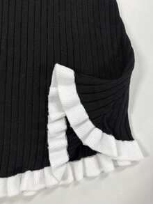 Fashionable Women's Ribbed Knit Dress, Black Mini Length, Decorated With White Ruffle Trim, Medium Stretch Long Sleeve, Suitable For Autumn/Winter Wear. - Black - View 6