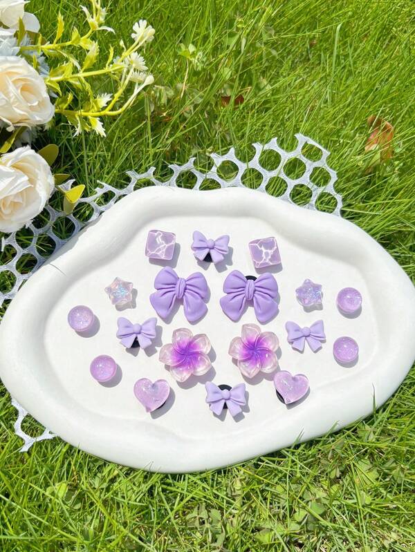 18pcs Purple Flower Accessories, Small Bow DIY Shoe Decor, Suitable For Perforated Sandals, Elegant And Fashionable, Gift For Girlfriend