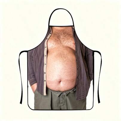 1 pieza Delantal con estampado de torso de hombre con barriga de cerveza, camisa a rayas sin botones, estilo de broma humorística y novedosa, delantal de cocina para cocinar, adecuado para barbacoa, despedida de soltero, regalo festivo y uso diario en el hogar durante todo el año