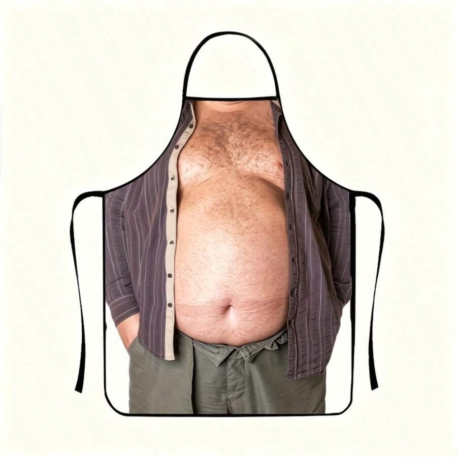 1pc Funny Realistic Buttonless Striped Shirt Beer Belly Men's Torso Print Apron, Novel Humorous Prank Style Halter Apron, Kitchen Cooking Apron, Suitable For BBQ, Bachelor Party, Holiday Gift And All-Season Home Daily Use