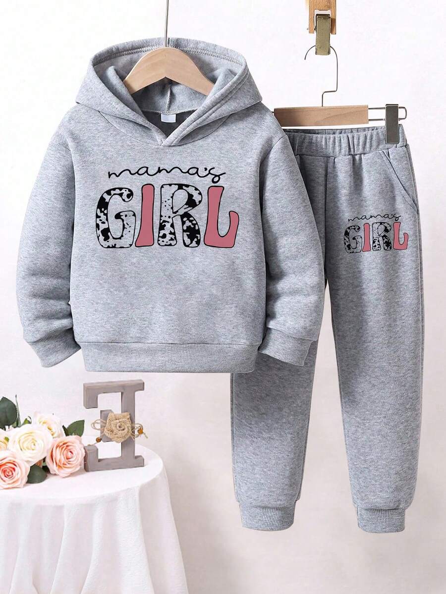 Girls Letter Print Warm Hoodie And Sweatpants - Grey - View 1