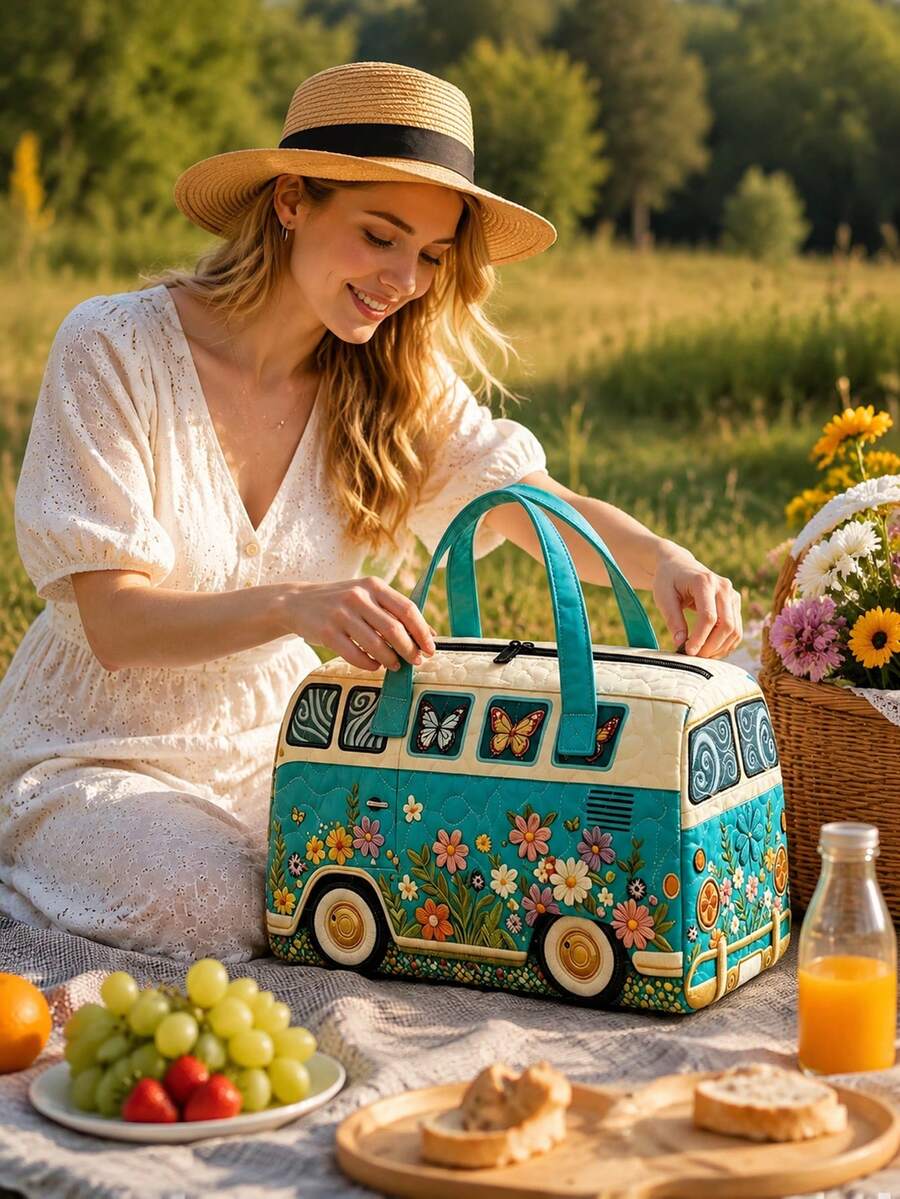 1pc Floral Bus Travel Storage Bag, Foldable Storage Bag, Multi-Functional Storage Bag, Butterfly Floral Bus Pattern Design, Simple And Fashionable. Large Capacity Handbag Style, Suitable For Outdoor, Travel, Gym, Dorm Storage, Holiday Gift, Travel Bag, Toiletry Bag, Makeup Bag, Travel Essential, Back To School, Halloween, Gift Essential, Home Storage Essential