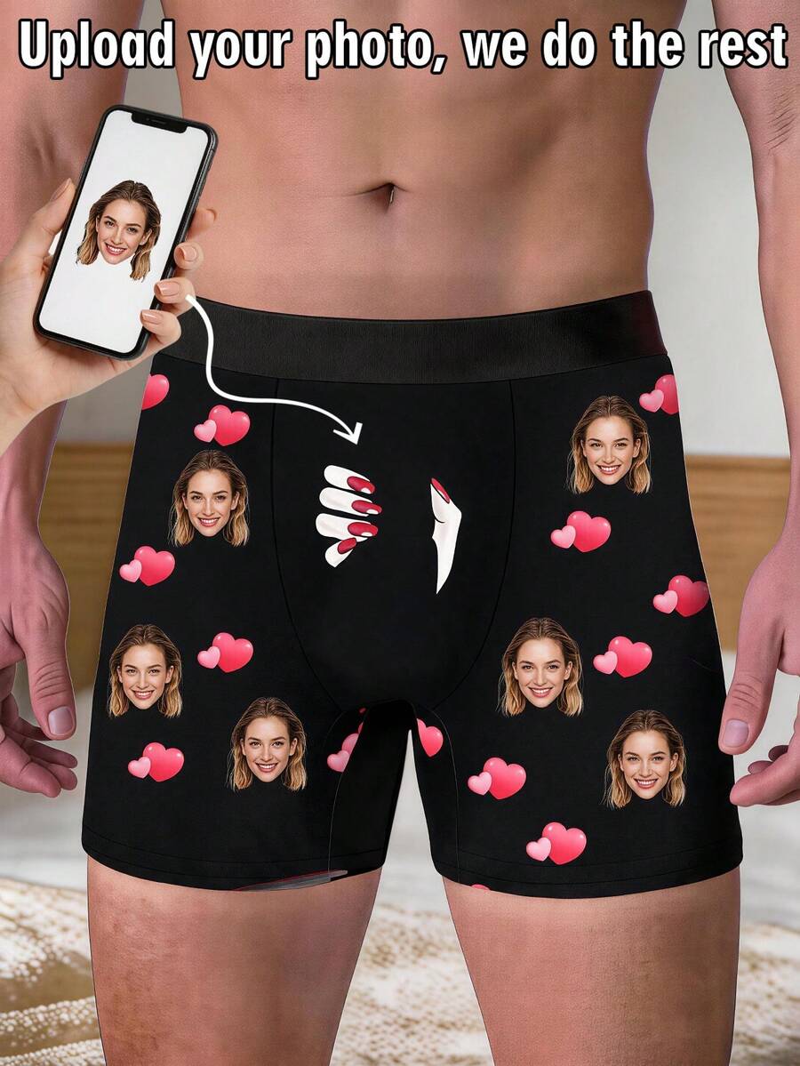 1pc Customized Cartoon Portrait Men's Black Briefs, Romantic Elements, Breathable Comfort, Personalized Style Boxer Briefs, Suitable For Daily Wear Or Valentine's Day, An Excellent Gift For Boyfriend - Multicolor - View 1