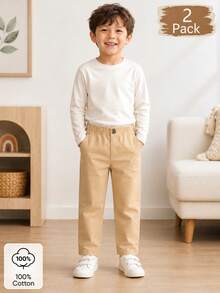 2pcs/Set Young Boys Casual Elastic Waist Pocket Long Pants, Button Decor, Pocket Knot, Faux Back Pocket Design, Solid Color Versatile Basic Style, Suitable For Daily, School, Party, Vacation Travel - Multicolor - View 4