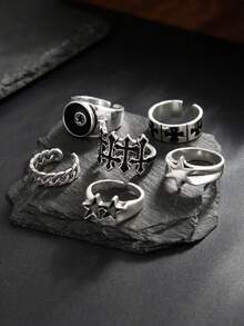 Set de 6 anillos de metal estilo punk de moda con diseño geométrico, anillos de estrella y cruz para uso diario casual de hombres - Plata antigua - Ver 2