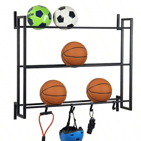 Superior Bronz Ball Rack Wall Mounted, 3 Tier Gym Exercise Equipment Storage Organizer Shelf Display With 4 S-Hooks For Basketball Football Volleyball