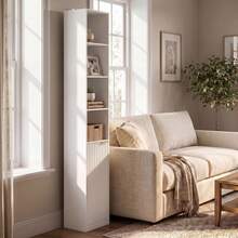HOMCOM Estantería para Libros de 6 Niveles, Librería Alta y Estrecha con 4 Estantes Abiertos, Puerta y Estante Ajustable, Armario para Salón, Estudio, Oficina, 30x24x182 cm, Blanco - A - Ver 9