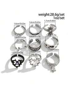 9pcs Gothic Star & Thorn Stackable Open Ring Set, Vintage Dark Street Style Unisex Fashion Accessories - Antique Silver - View 5