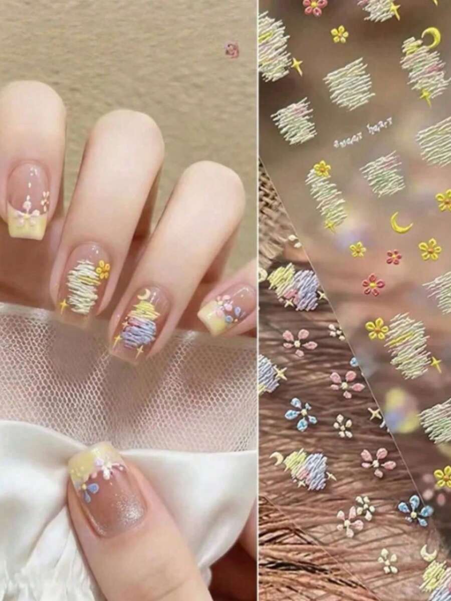 1 Peça Adesivos de Unha com Linha de Bordado de Primavera 7*8cm, Padrão Listrado Branco Creme com Pequenas Flores Amarelas e Rosas, Design em Relevo 3D de Lua e Estrelas, Flexível e Transparente com Dorso Autoadesivo, Adequado para Unhas Curtas e Longas, Material de Decoração de Arte de Unhas DIY Fresco e Suave - Multicolorido - Visão 1