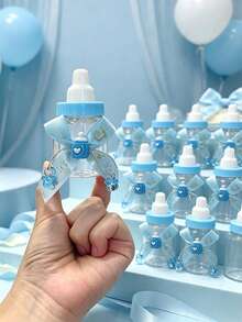 12/6/1 Stück - Schleifenband-Schnuller-Anhänger-Stil 3,5 Zoll Mini-Babyflaschen-förmige Kunststoffbox, Kunststoff-Babyflaschen-Aufbewahrungsbox mit Schleifen-Herz-Flaschenaufkleber und Schnuller-Anhänger DIY-Geschenk, geeignet für Babyparty-Dekoration, englische Taufe Partygeschenk, geschlechtsneutrale Babyparty-Dekoration, Gender-Reveal-Party-Dekoration kleines Geschenk, Gastgeschenk, Babyparty-Geschenk, Hochzeit, Geburtstag, Valentinstag, Geburtstagsparty-Zubehör (Blau) - Blau - Übersicht 3