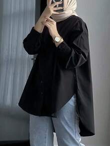 Women's Long Sleeve Plaid Shirt, Collared Button-Front, Woven Fabric, Simple And Elegant Design Spring Black - Black - View 3