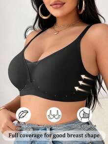 Plus Size Women's Solid Color Casual Everyday Spaghetti Strap Bra - Black - View 3