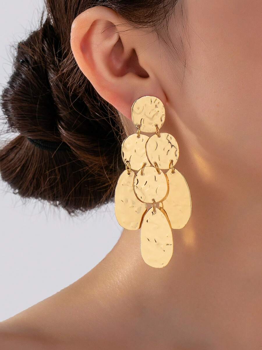 1 Pair Fashionable Personalized Exaggerated Metal Texture Round Disc Earrings For Women - Yellow Gold - View 1