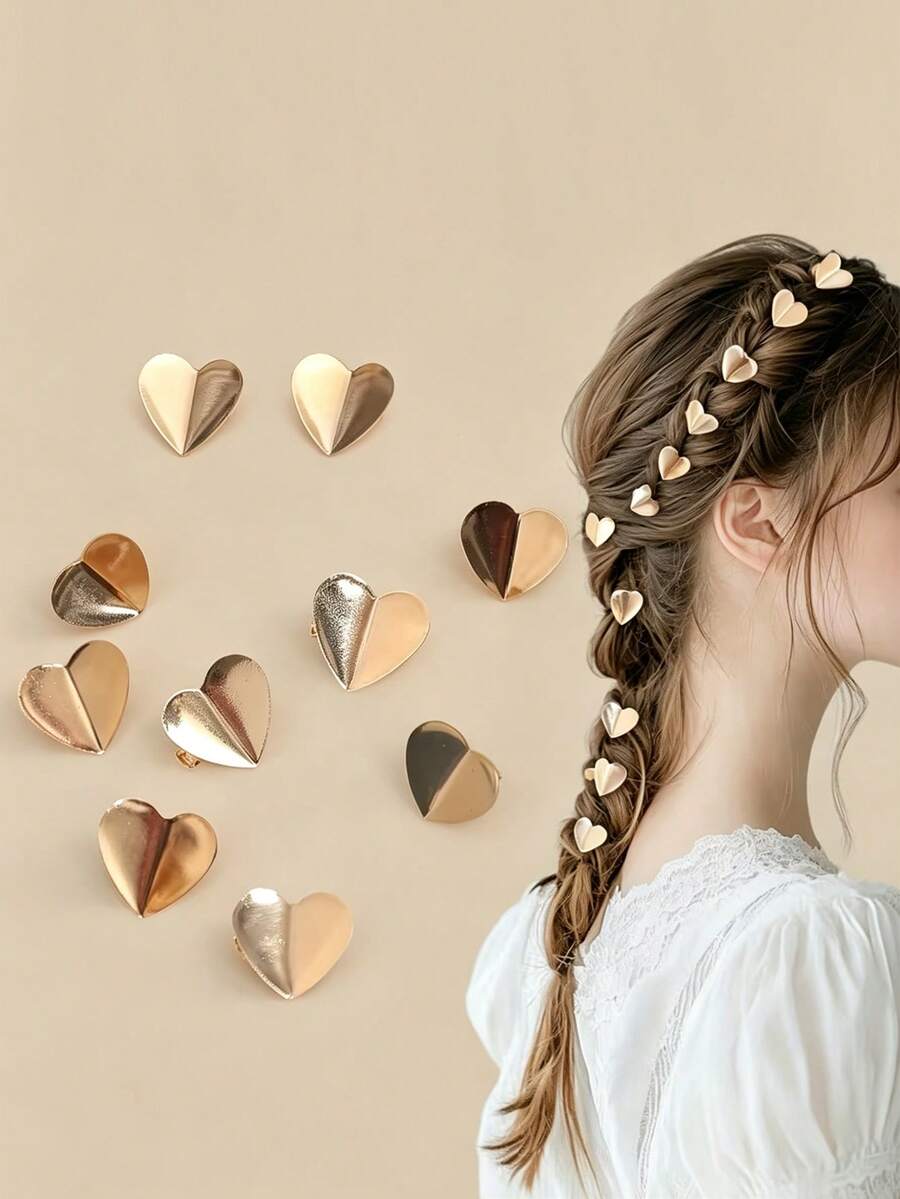 10pcs Minimalist Rhinestone Small Hair Clips, Shiny Metallic Color Bead Hair Clips, Mini Claw Clips, 3D Butterfly Hair Clips, Heart-Shaped Hair Clips, Suitable For Daily Wear, Valentine's Day Updo Or Braided Hairstyles - Multicolor - View 1