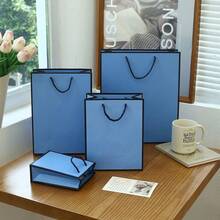5pcs Blue Gift Bags With Ribbon Handles And Black Edges, Lightweight Foldable Vertical Bags, Suitable For Weddings, Retail, Parties, Birthdays And More - Blue Background With Black Border - View 6
