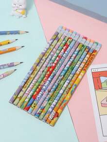 Set Pensil & Penghapus Kartun Inspiratif Bahasa Inggris 6/12 buah, Pensil HB untuk Siswa, Hari Pertama Sekolah - MultiWarna - View 6