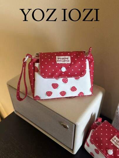 Japanese & Korean Style Niche Double Layer Cute Strawberry Polka Dot Card Holder Coin Purse Small Pouch Fresh Portable Storage Bag High Aesthetic