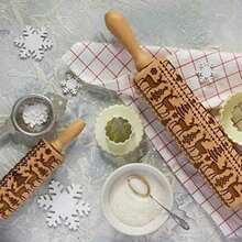 Embossed Wooden Rolling Pin Baking, Deep Engraved Embossing Rolling Pin With Elk Design Baking Embossed Cookies, Cute Kitchen Decor And Adults - Multicolor - View 3