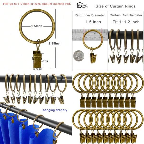 20 Pack Metal Curtain Rings With Clips, Curtain Clip Rings Hooks For Hanging Drapery Drapes Bows, Curtain Rod Rings 1.5 Inch Interior Diameter