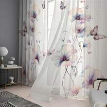 2pcs Digital Printed Sheer Curtains, Watercolor Floral & Butterfly Pattern, Romantic Wedding Style, Suitable For Kitchen, Dining Room, Living Room Decor - Multicolor - View 9