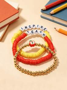 3pcs/Set Letter Beaded Bracelet Apple Pendant Layered Wear Gift Jewelry Set Back To School Teacher's Day Gift - one-size - View 2