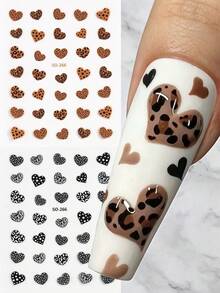 2pcs 3D Black White Brown Heart-Shaped Leopard Print Nail Stickers, Animal Leopard Print Footprint Stickers, Nail Supplies Stickers, Holographic Self-Adhesive DIY Nail Decoration - Multicolor - View 1
