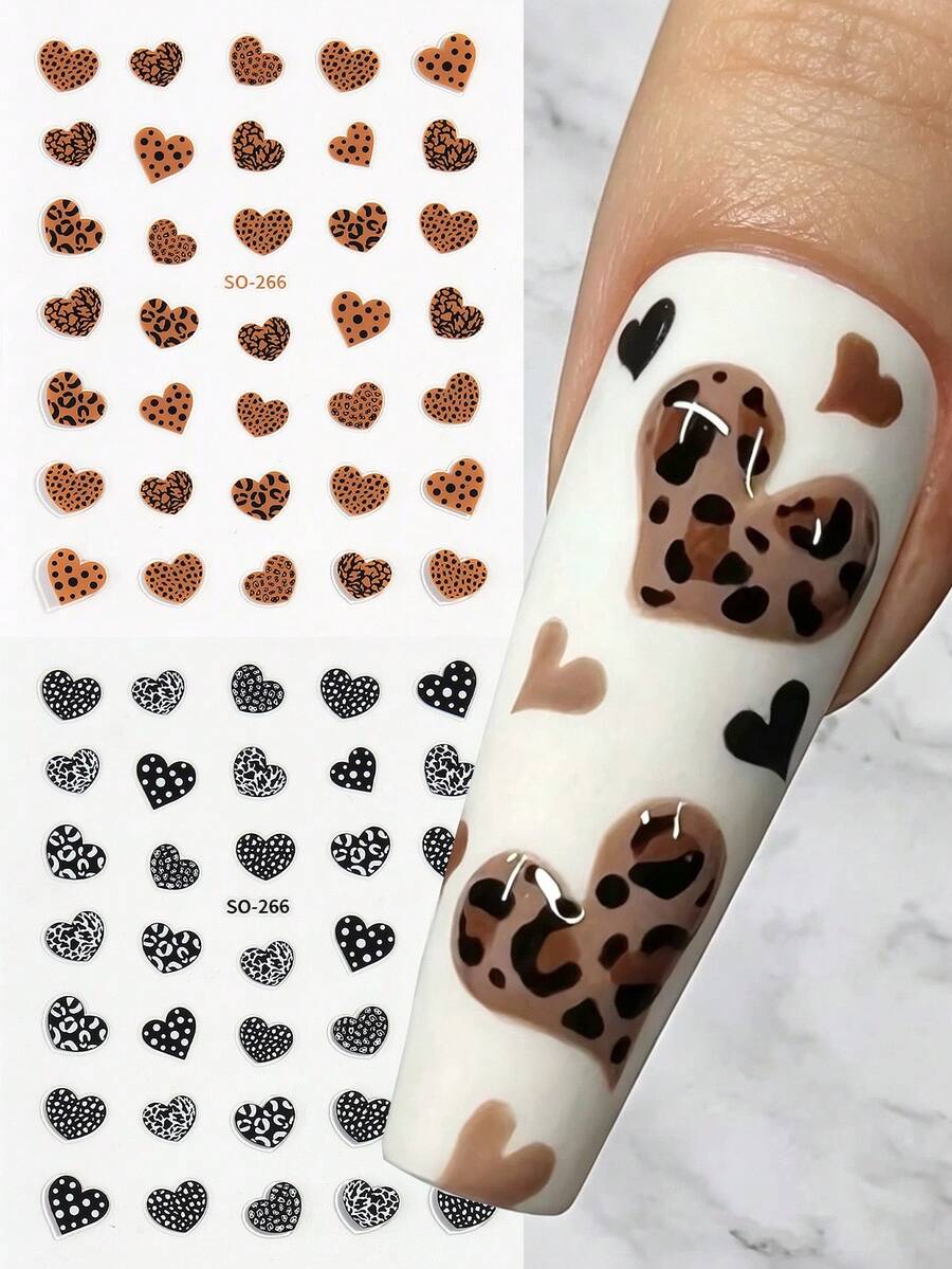 2pcs 3D Black White Brown Heart-Shaped Leopard Print Nail Stickers, Animal Leopard Print Footprint Stickers, Nail Supplies Stickers, Holographic Self-Adhesive DIY Nail Decoration - Multicolor - View 1