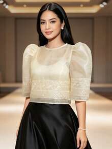 Modern Philippine Style Women's Top, Summer Fashion Comfortable Puff Sleeve Short Sleeve Blouse - Champagne - View 4
