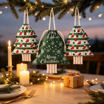 6Pcs Snowflake Stocking Print Tree Shaped Gift Bags, Festive 100% Polyester Drawstring Mini Candy Pouch Hanging Ornament For Xmas Party Decor