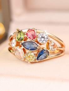 1 Stylish Women's Ring With A Multi-Layered, Openwork Design And A Wide Band Set With Stones-Perfect For Vacation Outfits And As A Birthday Gift - Golden Yellow + Color - View 4