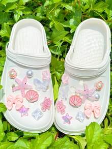 20pcs Pink DIY Detachable Shoe Charms With Sequin Chain, Starfish Shell Water Ripple Star, Suitable For Clogs With Holes - Pink Ocean - View 7