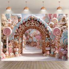 1 Tissu de fond thème Royaume des bonbons de Noël, Arche en pain d'épices, Vue enneigée de la forêt d'hiver, Thème des bonbons de Noël. Convient pour la décoration de Noël, la décoration du Nouvel An, la décoration de la maison, l'arrangement de fête, les accessoires de photographie. - Multicolore - Voir 1