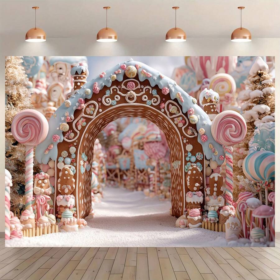 1 Tissu de fond thème Royaume des bonbons de Noël, Arche en pain d'épices, Vue enneigée de la forêt d'hiver, Thème des bonbons de Noël. Convient pour la décoration de Noël, la décoration du Nouvel An, la décoration de la maison, l'arrangement de fête, les accessoires de photographie. - Multicolore - Voir 1