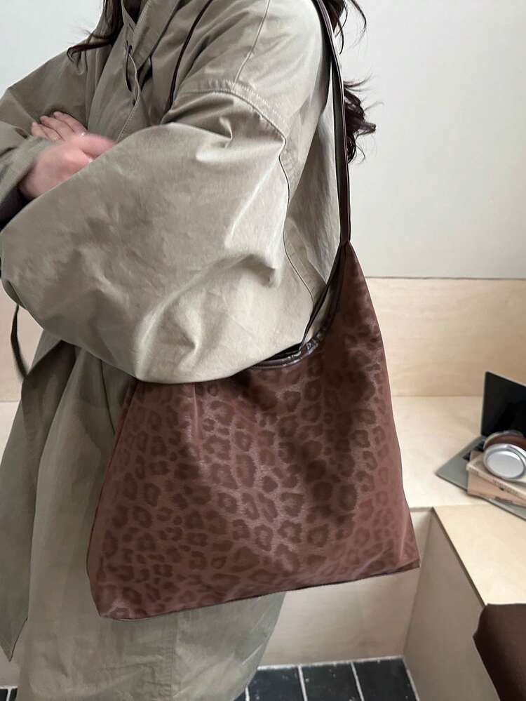 Vintage Leopard Print Tote Bag, Large Capacity Design, Wear-Resistant & Scratch-Resistant, Versatile Shoulder Bag For Commuting And Daily Outings - Brown - View 5