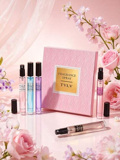 مجموعة هدايا عطور سفر صغيرة فاخرة من TVLV مكونة من 5 قطع، 10 مل لكل منها، رذاذ عطر نيش زهري وفاكهي ناعم طويل الأمد، مجموعة أنابيب عطر محمولة للجيب بنقش موجي وردي، هدية جمال فاخرة للنساء للمواعيد والعطلات